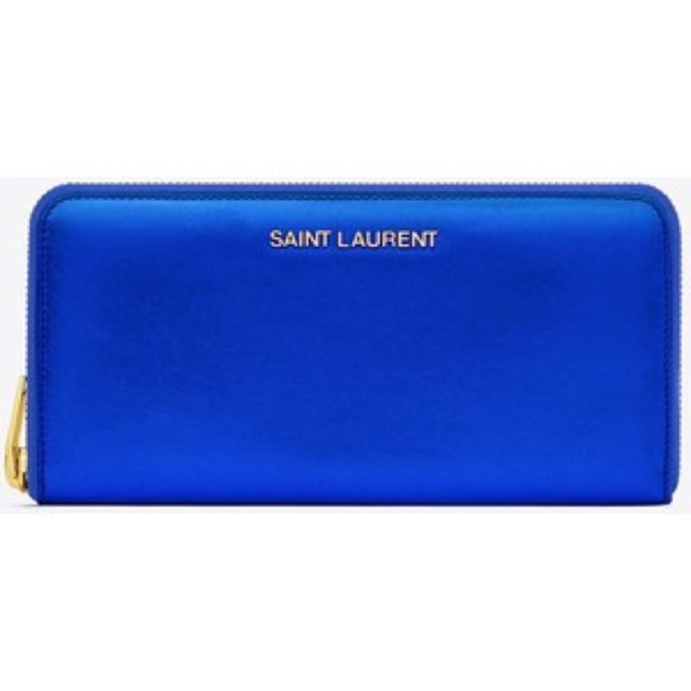 Saint Laurent Zip Wallet In Blue Metallic Leather